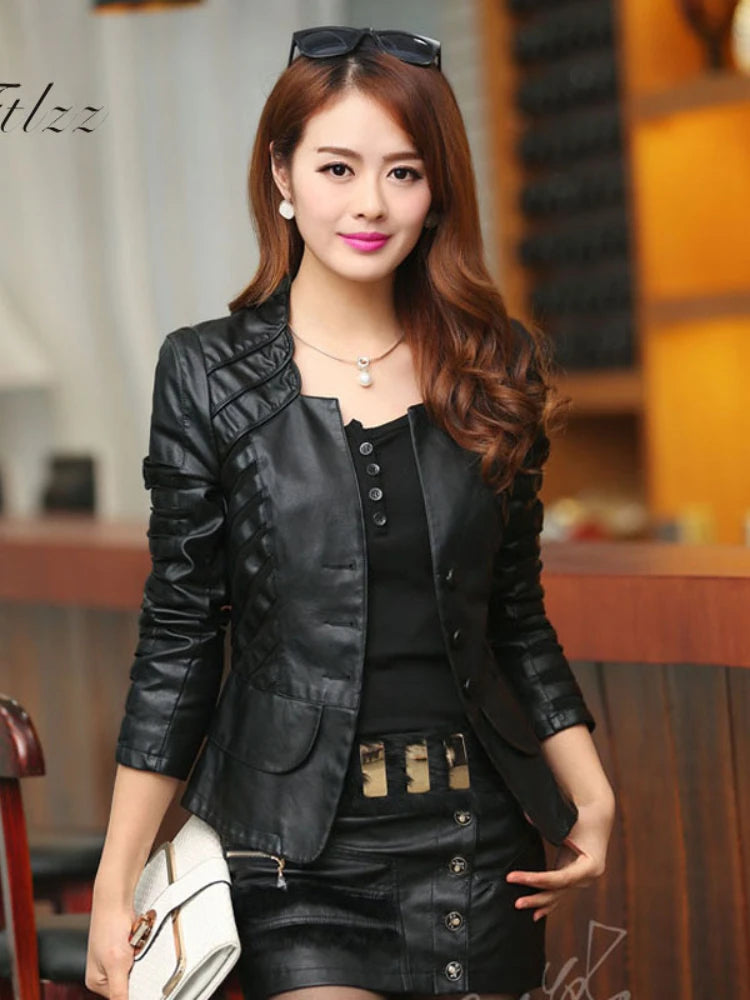 Leather Jacket Slim Patchwork Plus Size Casaco Feminino