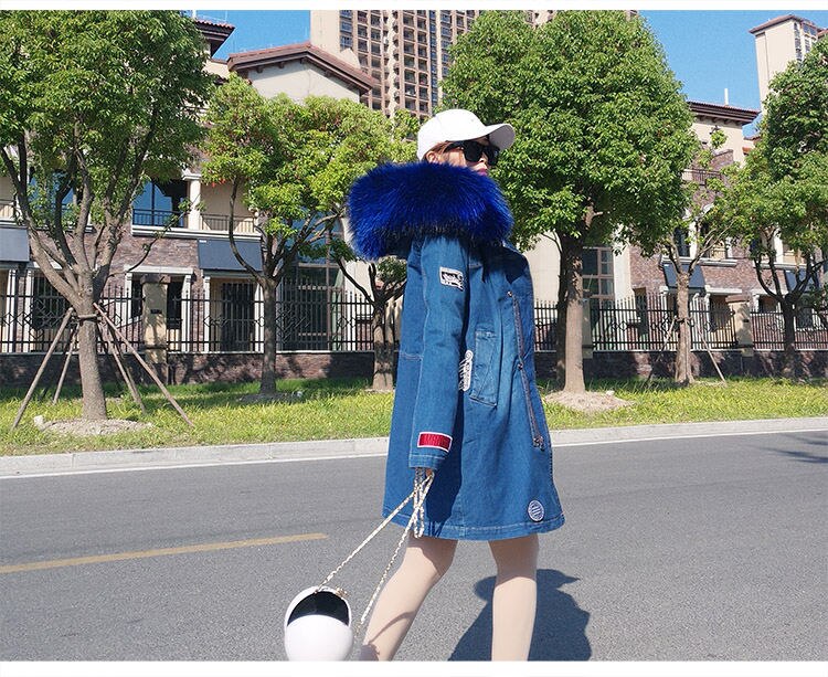 Luxury Raccoon Fur Casual Denim Jacket