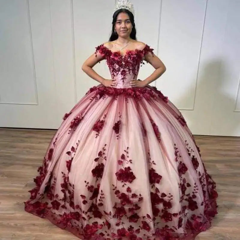 Boutique Ball Gown: Elegant Off-The-Shoulder Quinceanera Dress with Colorful Floral Details and Big Train