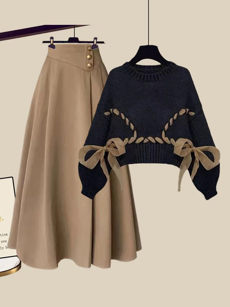 Winter Chic French Retro 2-Piece Set | Knitted Sweater + Woolen Skirt
