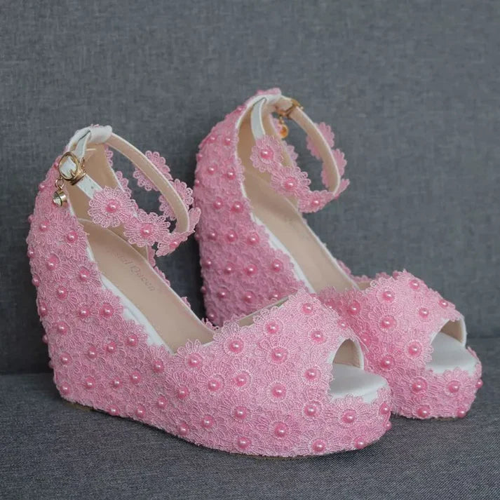 Women’s Lace Pointed Toe Wedding Shoes – 11CM High Heel Wedges