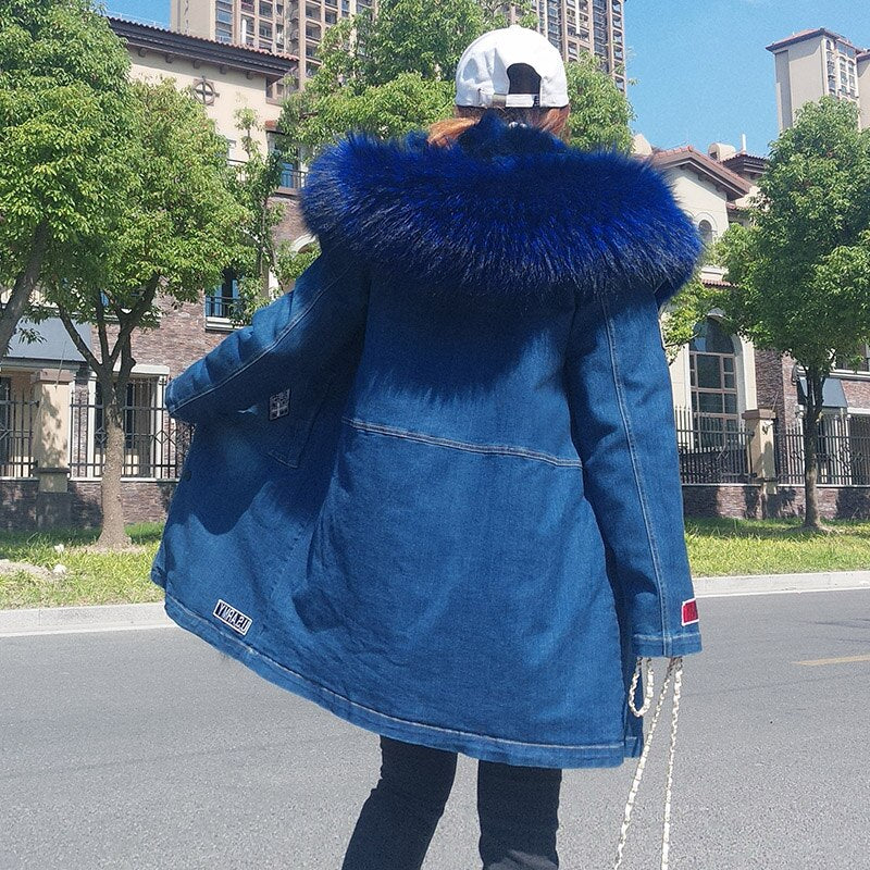 Luxury Raccoon Fur Casual Denim Jacket