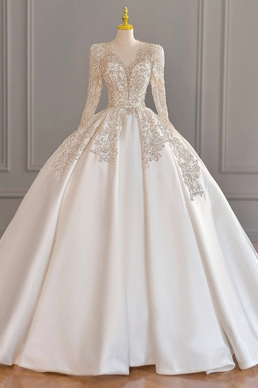 2023 New Sexy Backless Wedding Dresses Long Sleeve Satin V-neck Ball Gown Wedding Gowns Lace Bridal Dress Vestido De Noiva