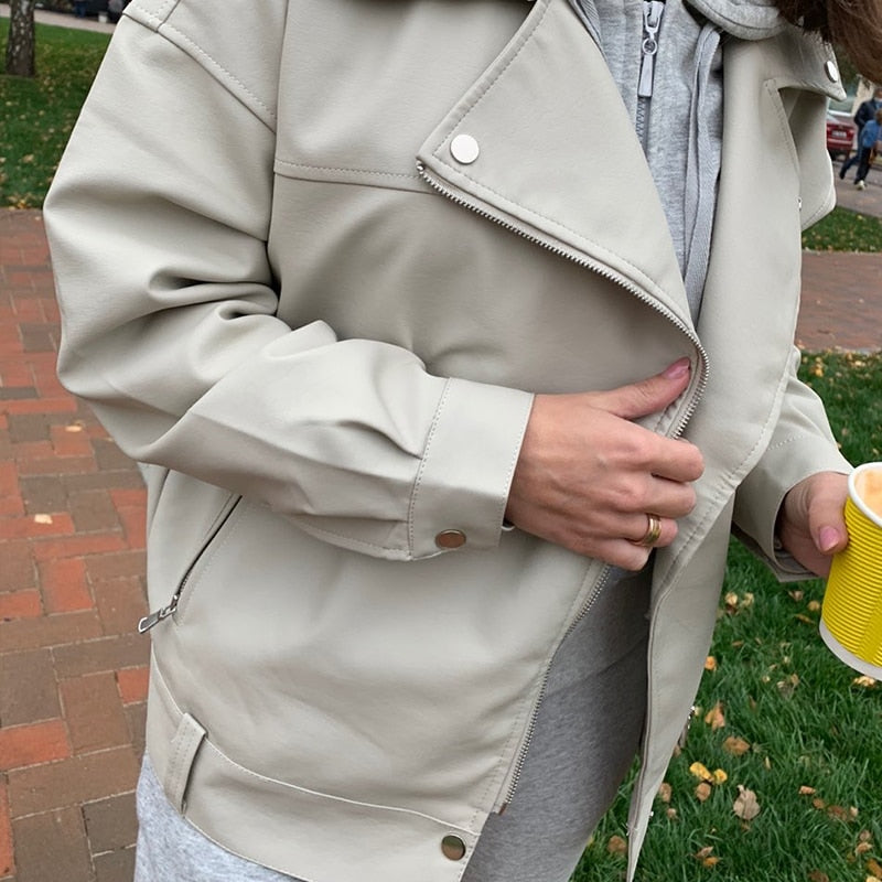 Jacket Pu Leather With Belt Solid Color Loose Casual BF Style Outwear