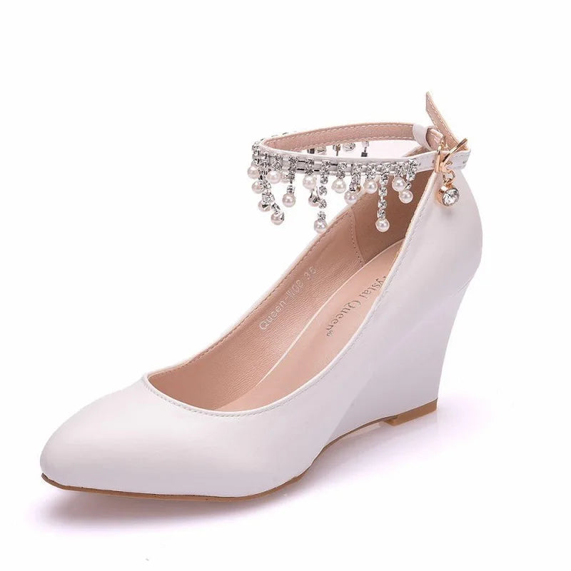 Spring new wedge high heels large size banquet dress bridal wedding shoes pearl shallow mouth large size women's single shoe