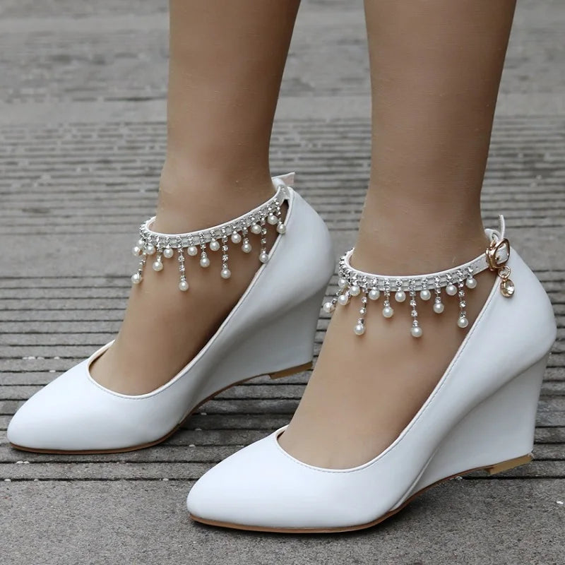Spring new wedge high heels large size banquet dress bridal wedding shoes pearl shallow mouth large size women's single shoe