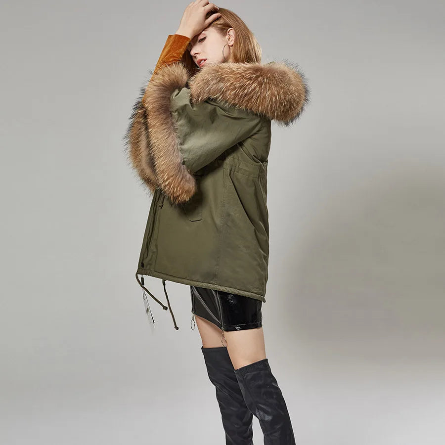 Autumn New Natural Real Raccoon Fur Collar Parkas Casual Coat Flared Sleeve Cloak Cotton Jacket Women's Clothing Woman Fur Coat