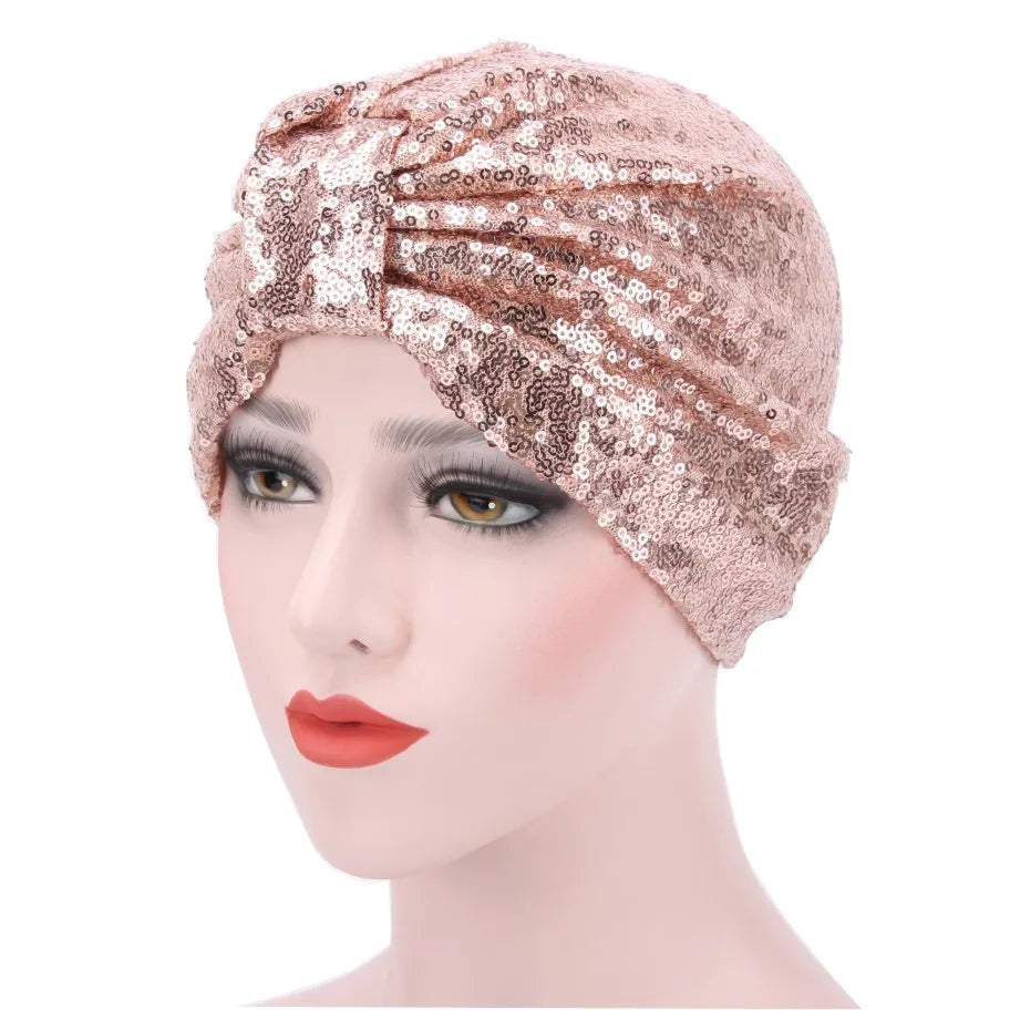 Glitter Sequins Women's Turban Cap Muslim Headwear Headscarf Bonnet Hat African Headwraps Indian Caps
