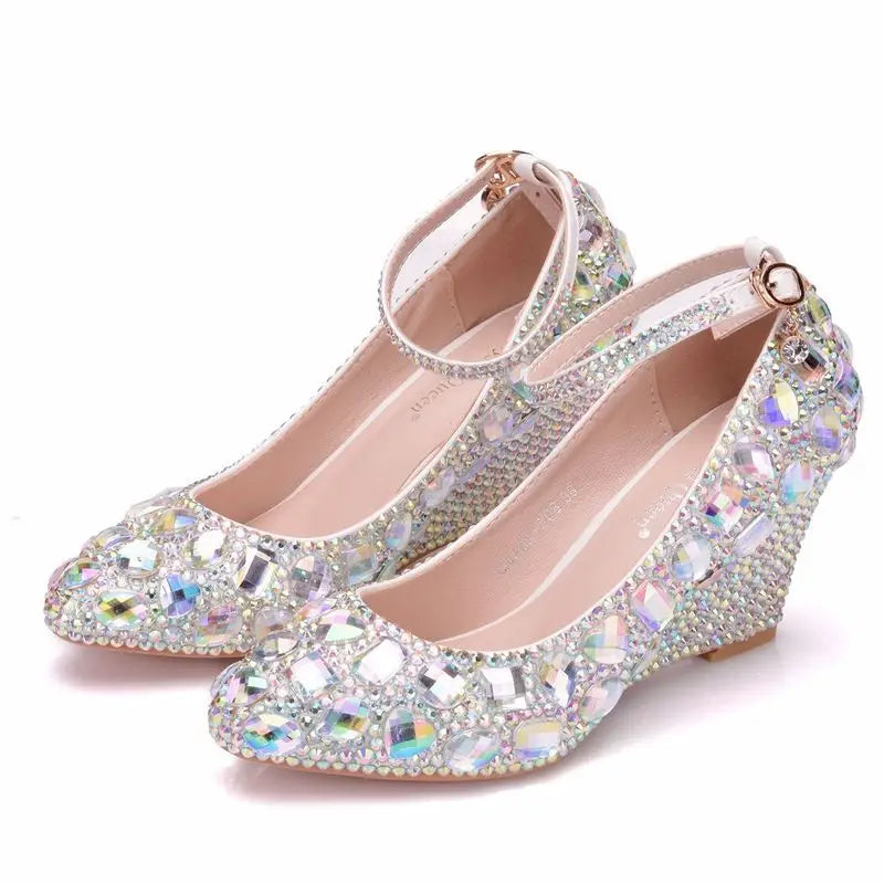 2023 Spring/Autumn Fashion Casual Wedges | High-Heeled Mary Jane Pumps for Women | 8CM Super High Heel with Crystal Rhinestones, Shallow Mouth, Buckle Strap | PU Wedding, Party, Special Occasions