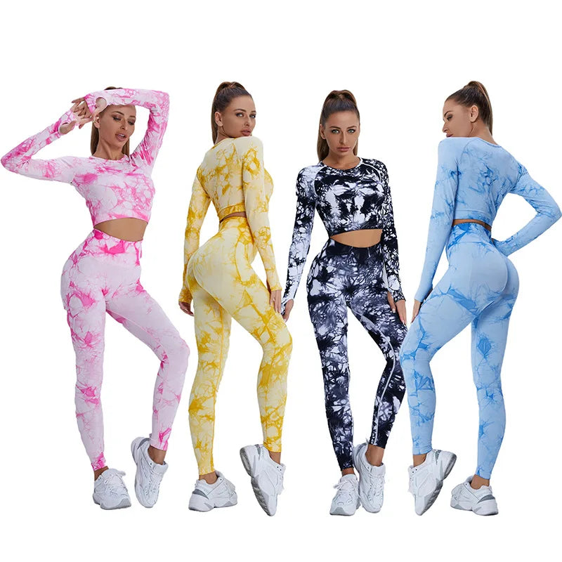 Die Dye Woman 2pcs Yoga GYM Set Sports Bra/Long Sleeve T-shirt Waisted Leggings Workout Suit Fashion Girls Fitness Tracksuit