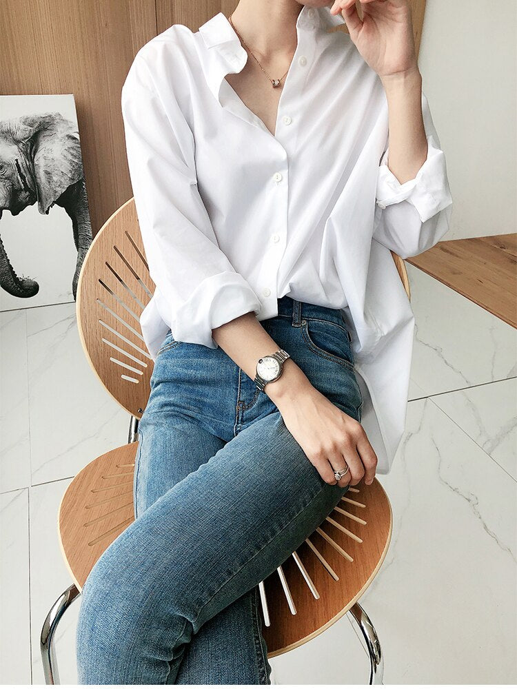Blouse 100% Cotton Vintage Long Sleeve Office Loose