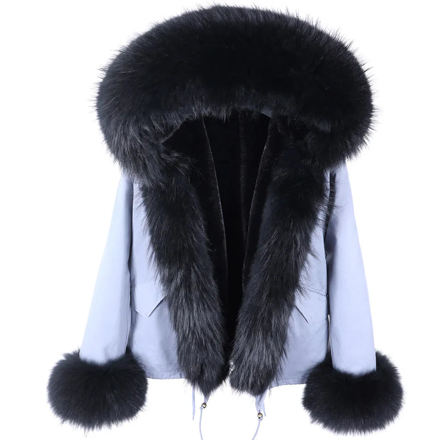 2023 Short Parka Winter Jacket Women Wram Faux Fur Coat Natural Raccoon Fox Fur Outerwear Streetwear Removable