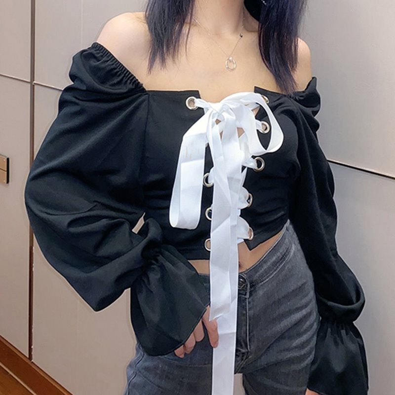 Blouse Belt Crop Tops Long Puff Square Collar Lace Up