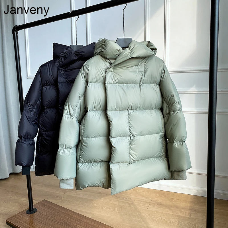 Janveny Winter Down Coat Women 2024 Thick 90% White Duck Down Jacket Short Soft Solid Color Loose Plus Size Hooded Female Parkas