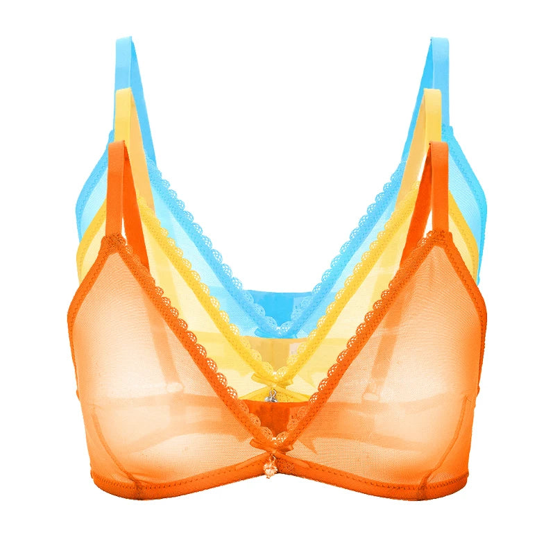 Varsbaby women's sexy transparent underwear see-through yarn hollow bow wire free bras for women 3 PCS /Lot lady