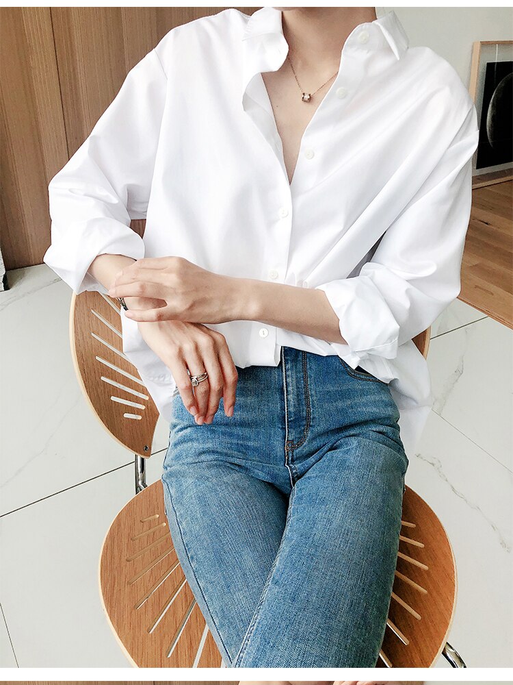 Blouse 100% Cotton Vintage Long Sleeve Office Loose