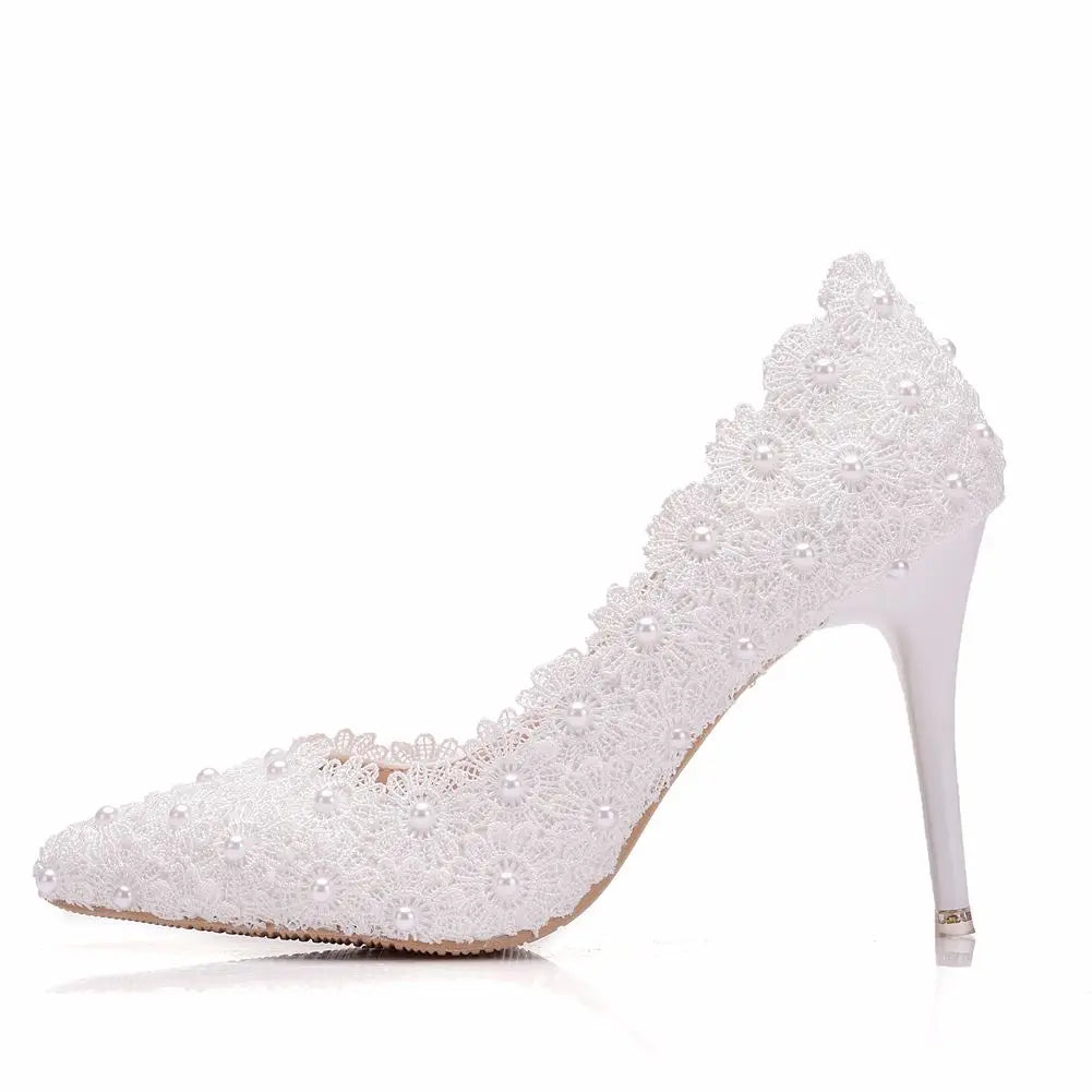 Crystal Queen Women Super High Heel Wedding Shoes Pumps 9cm Sweet Sexy Party Dress Shoes Lady White Lace Platform Thin Heels