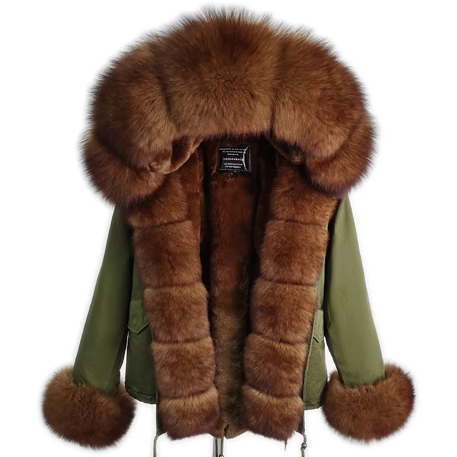 2023 Short Parka Winter Jacket Women Wram Faux Fur Coat Natural Raccoon Fox Fur Outerwear Streetwear Removable