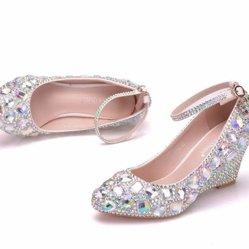 2023 Spring/Autumn Fashion Casual Wedges | High-Heeled Mary Jane Pumps for Women | 8CM Super High Heel with Crystal Rhinestones, Shallow Mouth, Buckle Strap | PU Wedding, Party, Special Occasions
