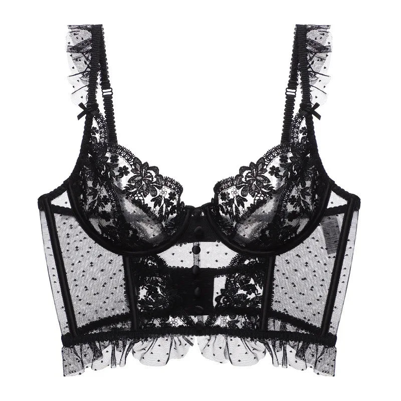 French Sexy Underwear 3 Piece Set Gathering Bra and String Garter Suit Transparent Bra Set Back Wave Yarn Embroider Lace Lingeri