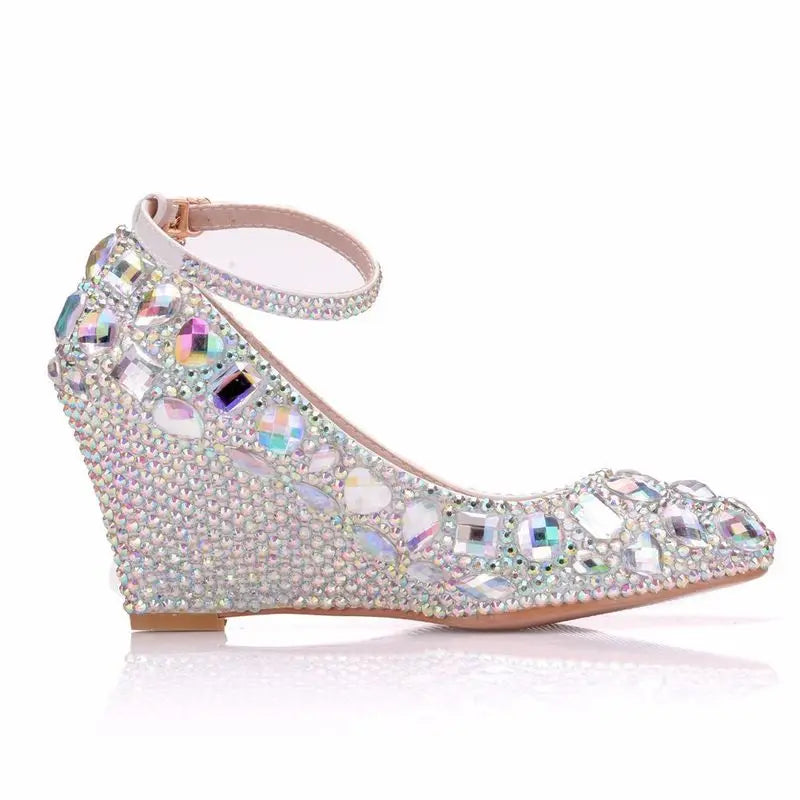 2023 Spring/Autumn Fashion Casual Wedges | High-Heeled Mary Jane Pumps for Women | 8CM Super High Heel with Crystal Rhinestones, Shallow Mouth, Buckle Strap | PU Wedding, Party, Special Occasions