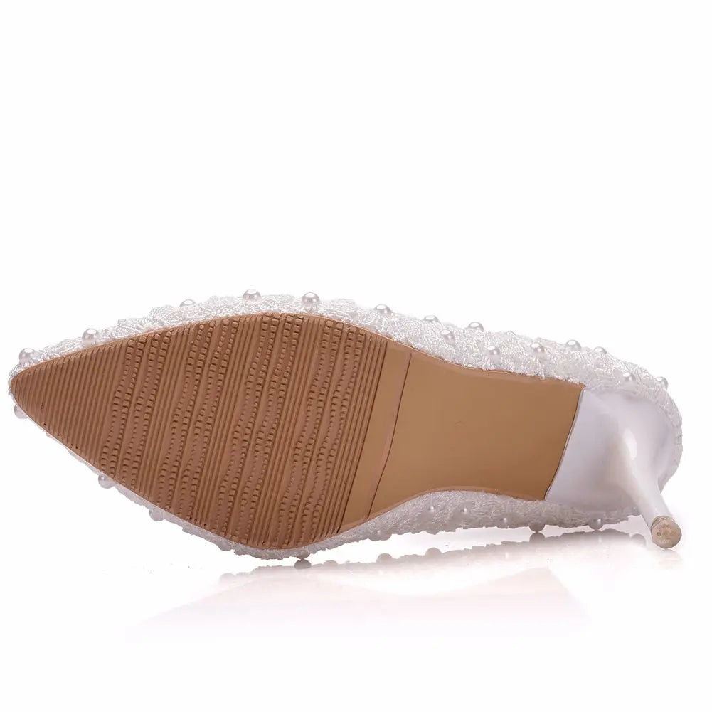 Crystal Queen Women Super High Heel Wedding Shoes Pumps 9cm Sweet Sexy Party Dress Shoes Lady White Lace Platform Thin Heels