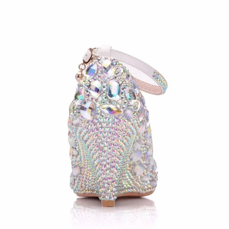 2023 Spring/Autumn Fashion Casual Wedges | High-Heeled Mary Jane Pumps for Women | 8CM Super High Heel with Crystal Rhinestones, Shallow Mouth, Buckle Strap | PU Wedding, Party, Special Occasions