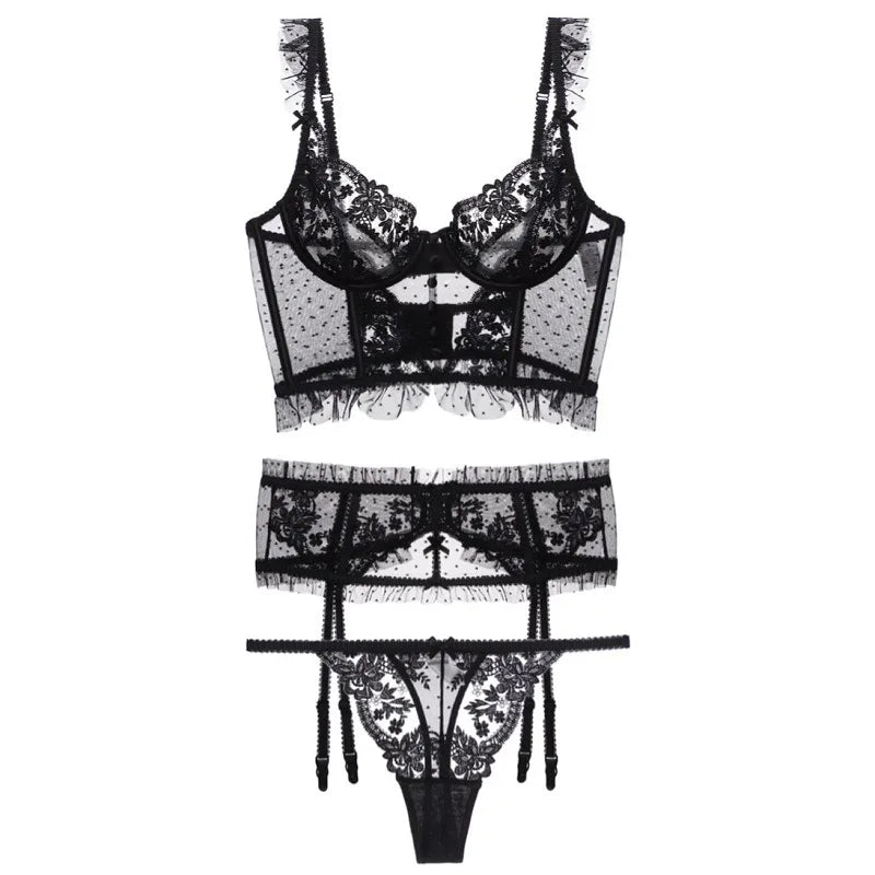 French Sexy Underwear 3 Piece Set Gathering Bra and String Garter Suit Transparent Bra Set Back Wave Yarn Embroider Lace Lingeri