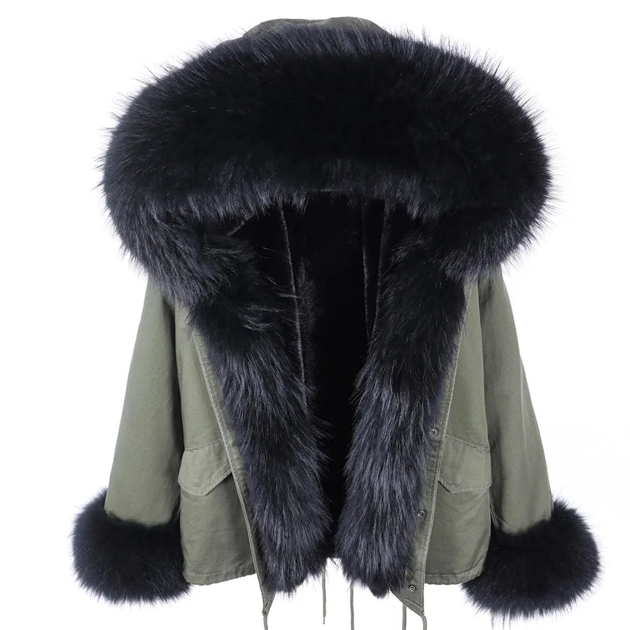 2023 Short Parka Winter Jacket Women Wram Faux Fur Coat Natural Raccoon Fox Fur Outerwear Streetwear Removable