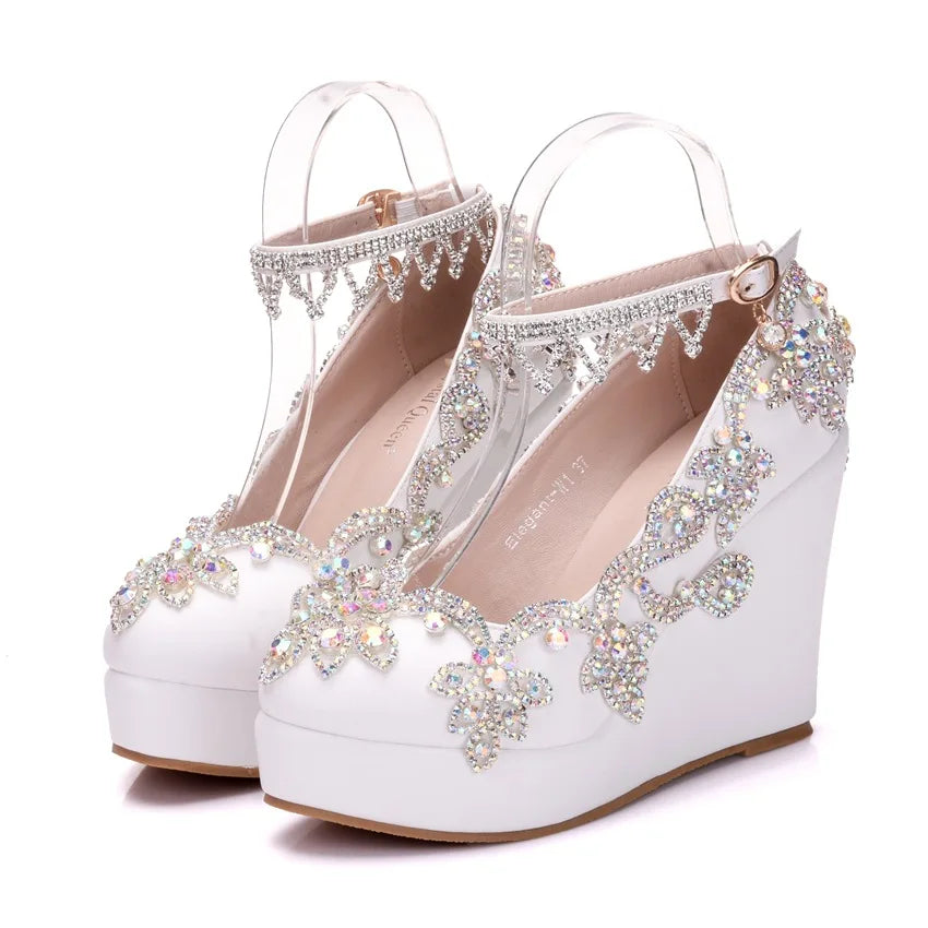 Spring Fashion Color Rhinestone Tassel Wristband Wedge High Heel White Bridal Wedding Shoes Female Large Size Party Dress Shoes