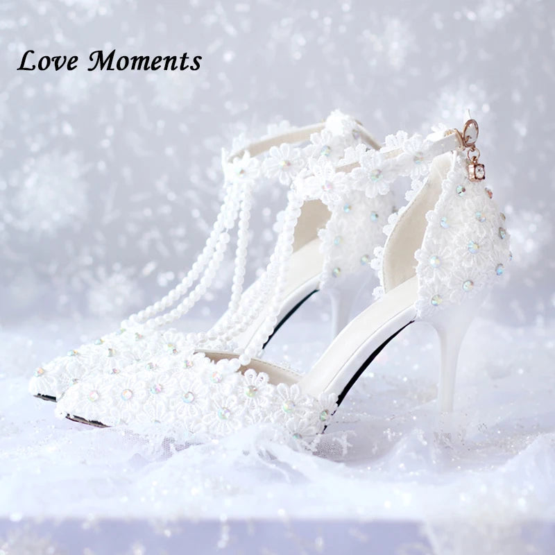 White Flower rhinestone bridal shoes high heels dress shoes and bags Summer Woman Sandals Ladies Wedding shoes Bride ankle strap
