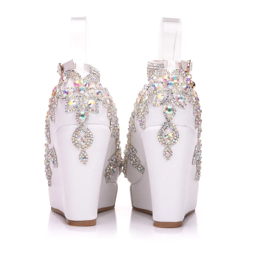 Spring Fashion Color Rhinestone Tassel Wristband Wedge High Heel White Bridal Wedding Shoes Female Large Size Party Dress Shoes