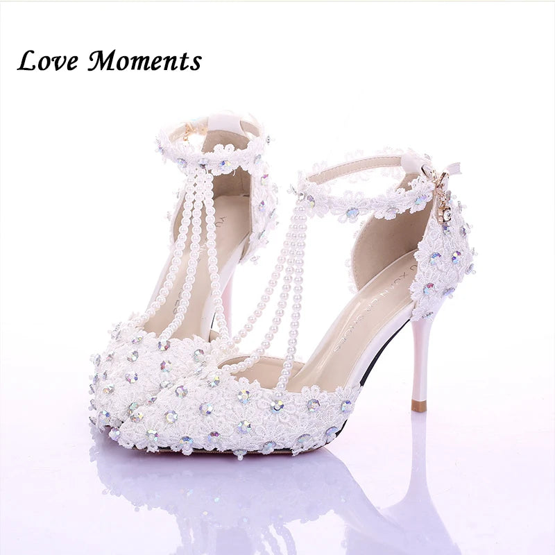 White Flower rhinestone bridal shoes high heels dress shoes and bags Summer Woman Sandals Ladies Wedding shoes Bride ankle strap