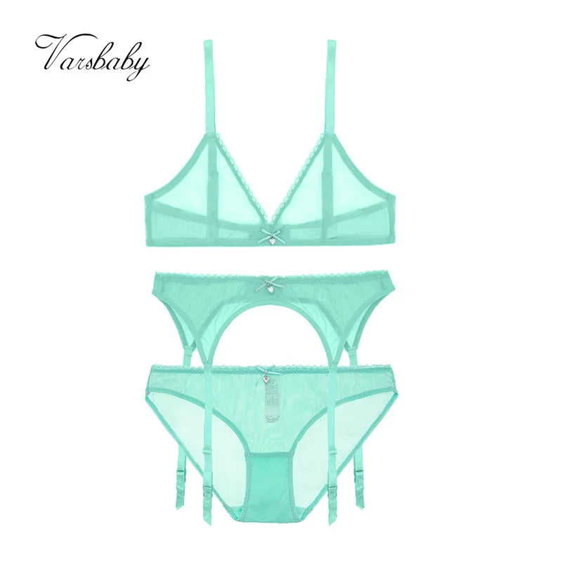 Varsbaby Light Green Soft Mesh Lingerie Set Sexy Yarn Transparent Deep V Wire Free Seamless Comfortable Bra+Panty+Garter