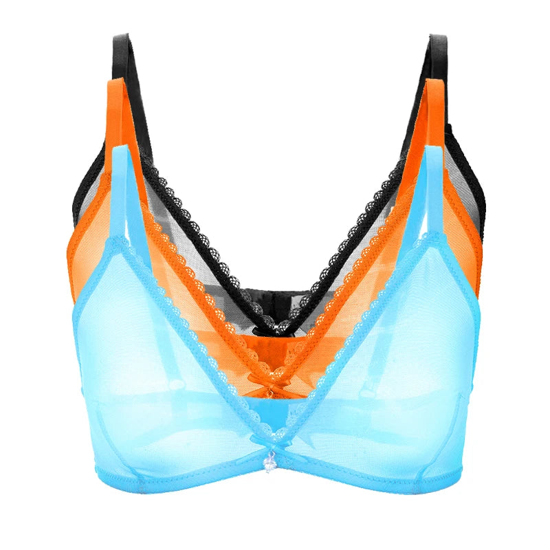 Varsbaby women's sexy transparent underwear see-through yarn hollow bow wire free bras for women 3 PCS /Lot lady