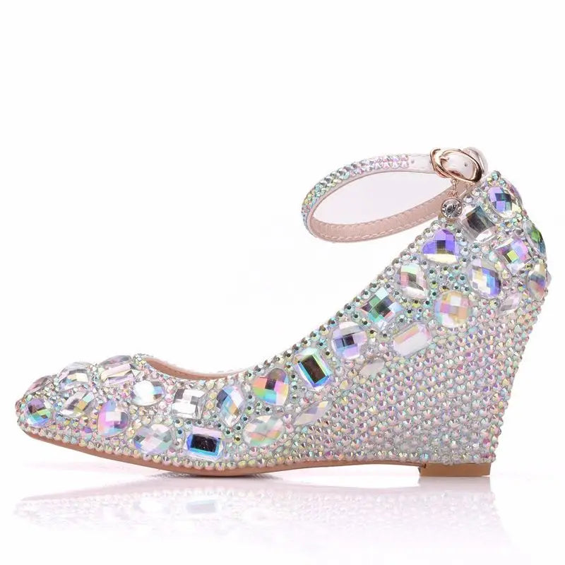 2023 Spring/Autumn Fashion Casual Wedges | High-Heeled Mary Jane Pumps for Women | 8CM Super High Heel with Crystal Rhinestones, Shallow Mouth, Buckle Strap | PU Wedding, Party, Special Occasions
