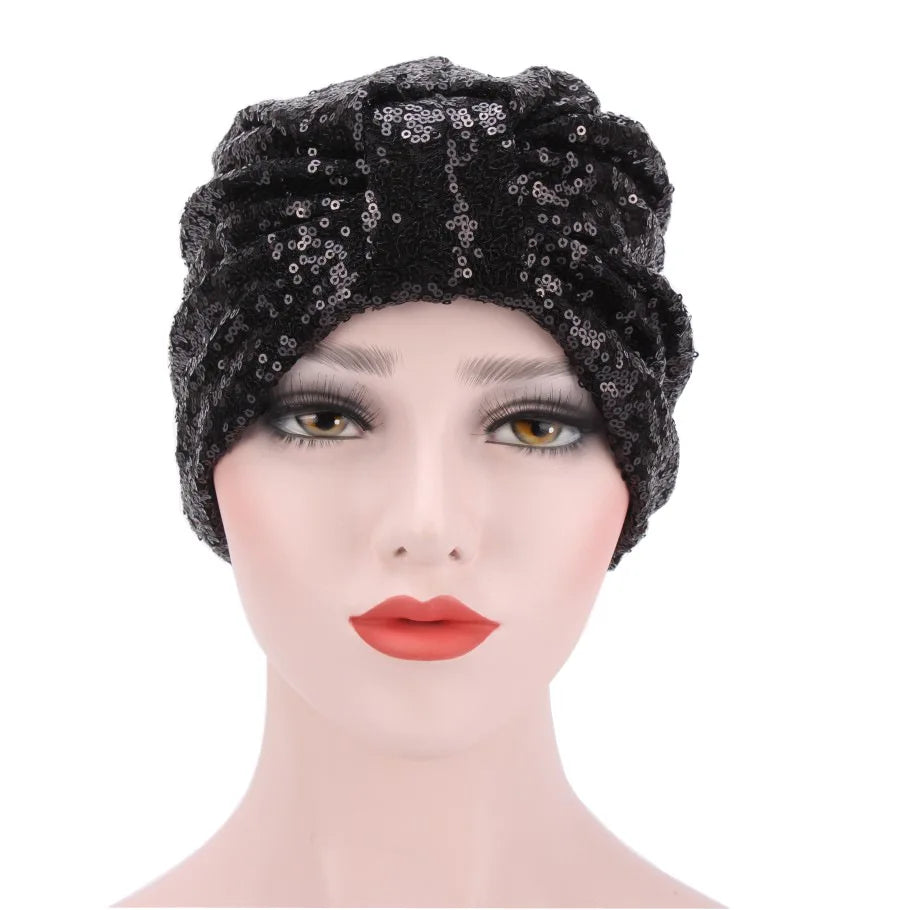 Glitter Sequins Women's Turban Cap Muslim Headwear Headscarf Bonnet Hat African Headwraps Indian Caps