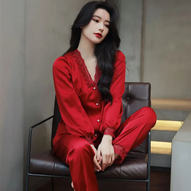 Sleepwear Pyjamas Suits Women White Satin Lace Pajama Sets Button-Down Home Long Sleeve Pijama V-neck Loungewear