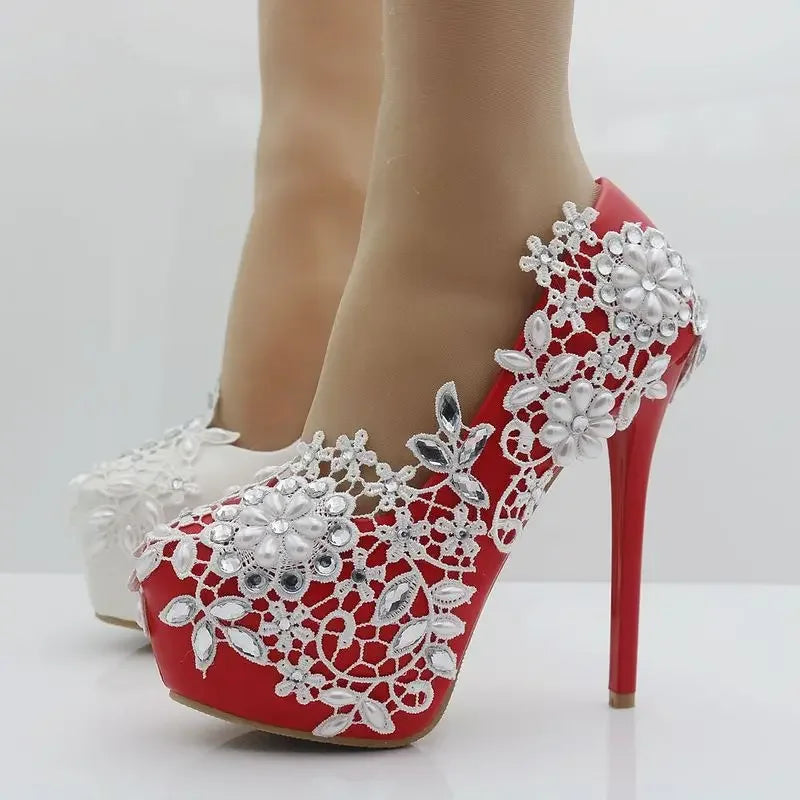 Women Pumps Platform Rhinestone Flower Fashion Office Shoes Round Toe Thin Heels 14CM High Heels Platform Women's Wedding Shoes