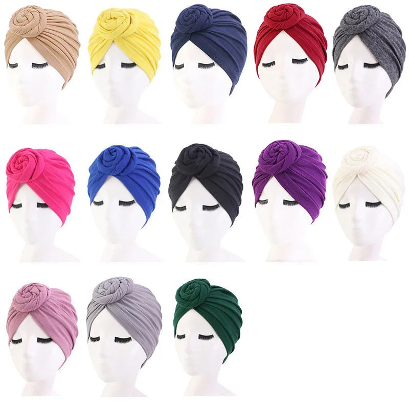 New Women Stretch Turban Hat Bohemian Style Head Wrap Knot Turban Muslim Ladies Hair Cover Beanie Headwraps India Hat Chemo cap
