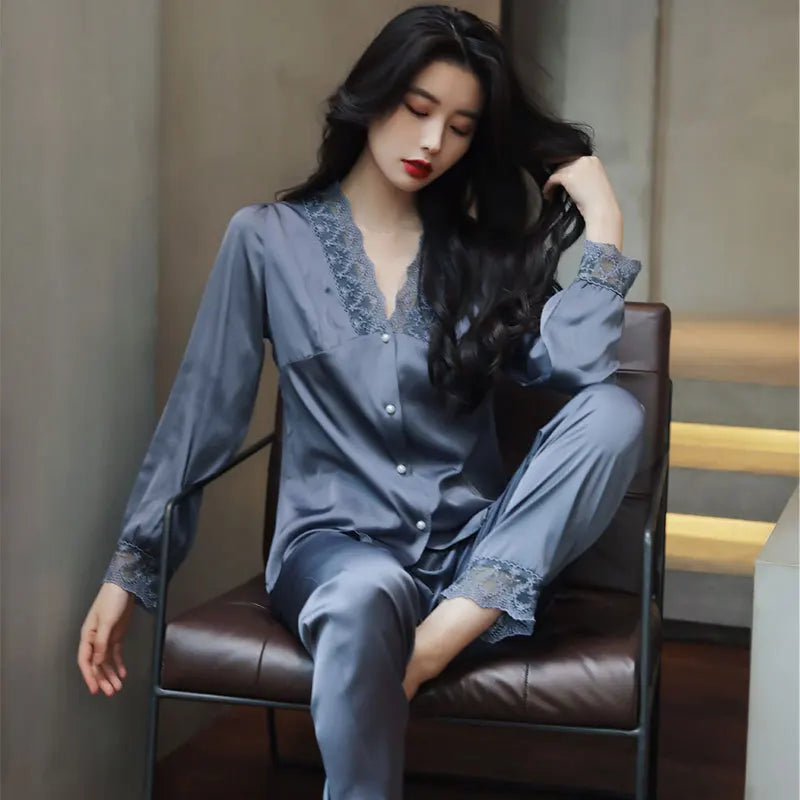 Sleepwear Pyjamas Suits Women White Satin Lace Pajama Sets Button-Down Home Long Sleeve Pijama V-neck Loungewear