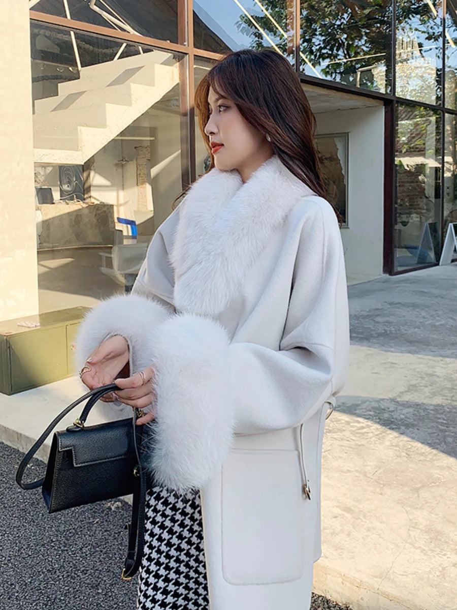 Winter Women Jacket 2023 New Wool Blends Natural Fox Fur Collar Sleeve Hair Cashmere Real Fur Coat Warm Luxury Outerwear