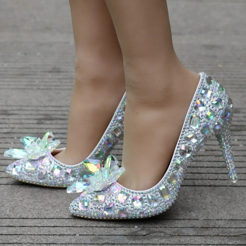 Woman Pumps Brand Design Lady Pointed Toe Rhinestone Slip-On PU 9CM Thin Heels Party Prom Korean Style Women Shoes Silvery