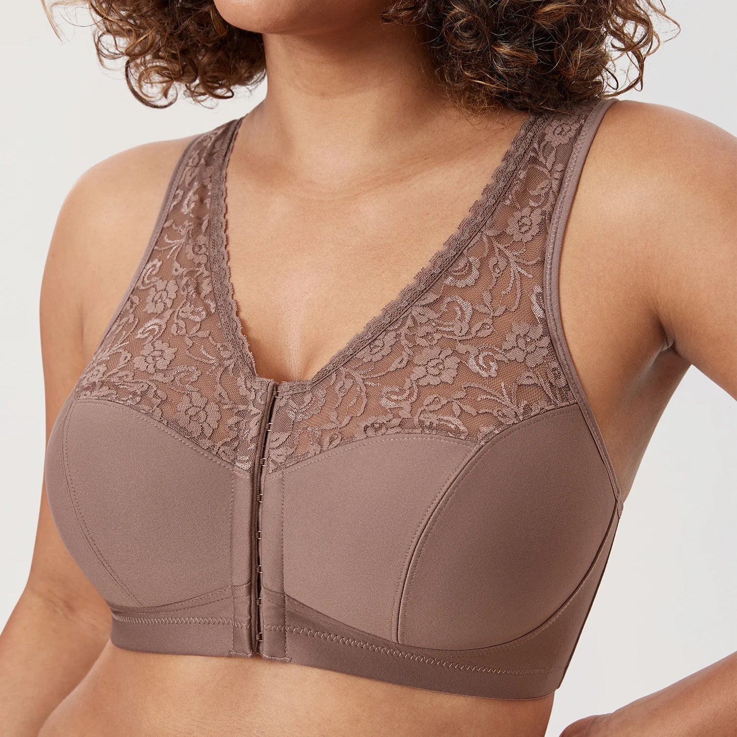 Women's Brown Purple Cotton Front Closure Bra Racerback Full Coverage Sheer Lace Wire Free Plus Size Underwear