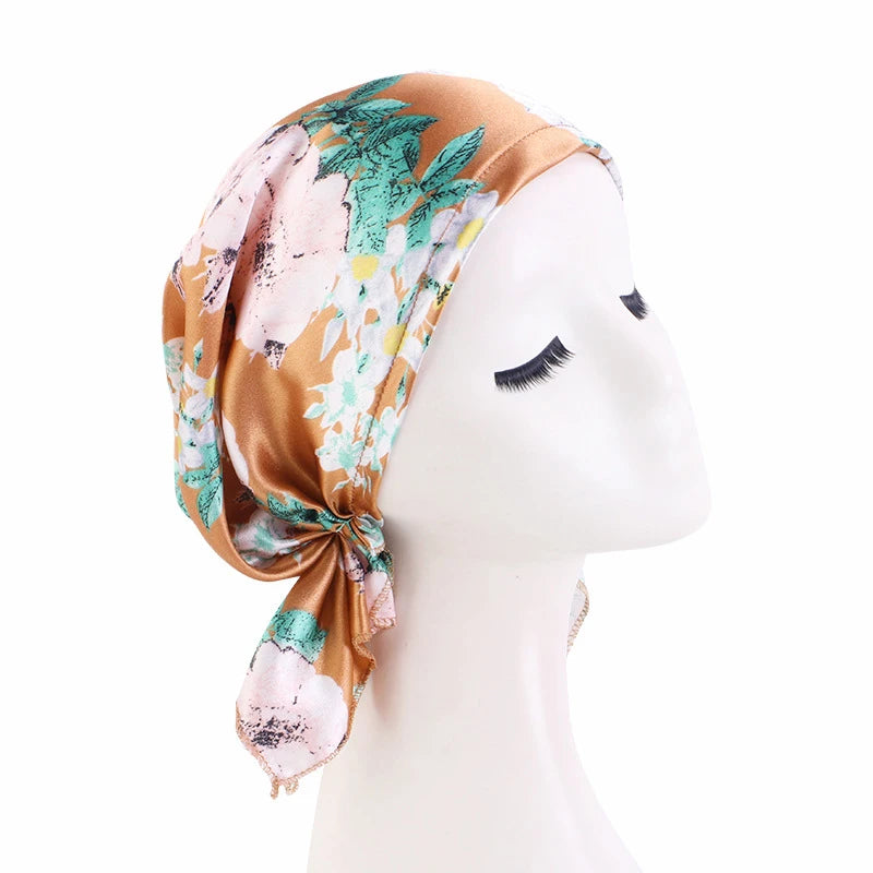 New Women Paisley Print Satin Pre Tied Bandana Scarf Muslim Chemo Hat Beanie Turban Headwear for Cancer Patients Ladies Turbante