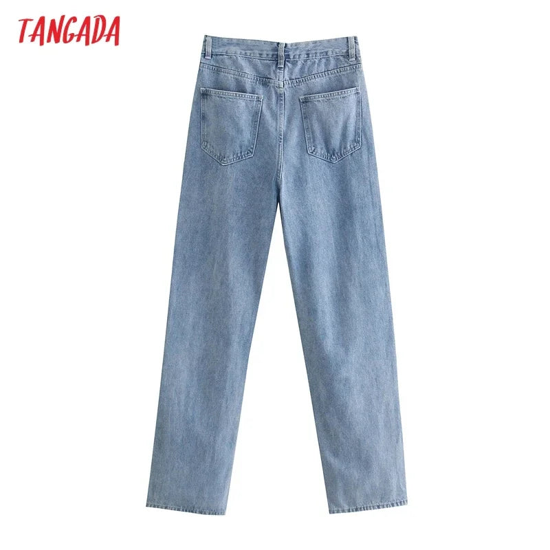 Tangada 2021 Fashion Women Loose Blue Wide Leg Jeans Pants Long Trousers Pockets Buttons Female Pants JE164