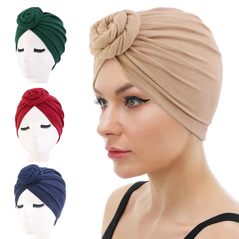 New Women Stretch Turban Hat Bohemian Style Head Wrap Knot Turban Muslim Ladies Hair Cover Beanie Headwraps India Hat Chemo cap