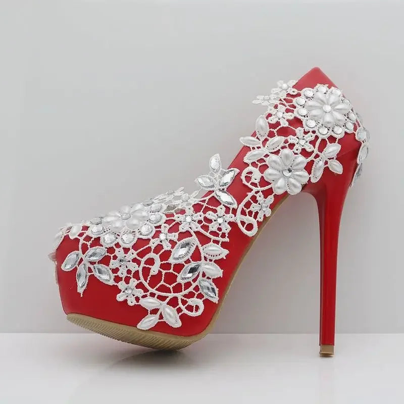 Women Pumps Platform Rhinestone Flower Fashion Office Shoes Round Toe Thin Heels 14CM High Heels Platform Women's Wedding Shoes