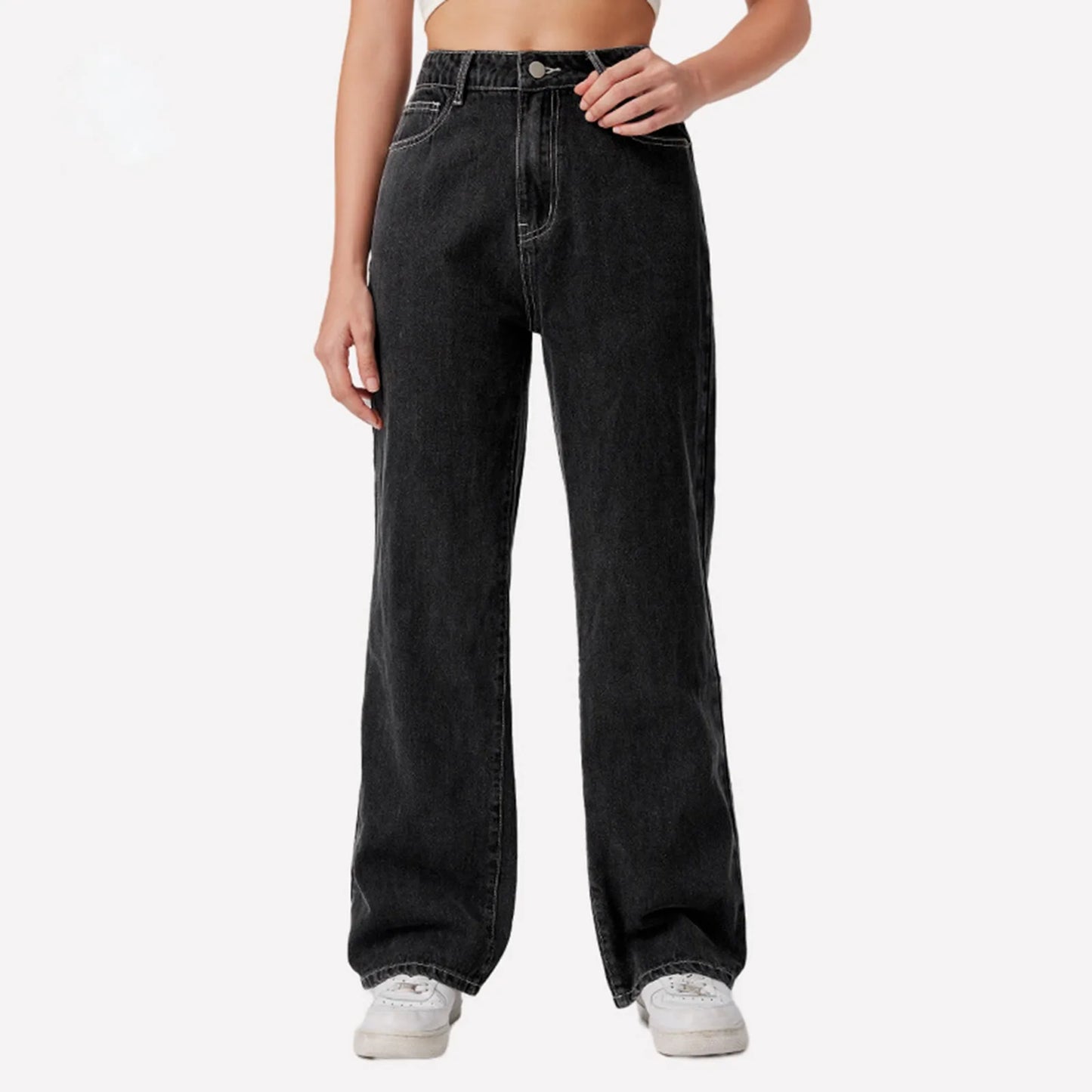 Pure Black High Waist Jeans Hip Lift White Line Contrast Casual Straight Leg Jeans Women'S Pants Korean Reviews Many Clothes