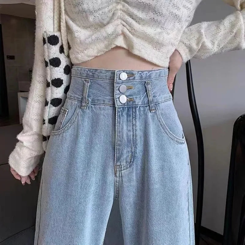 S-5XL High Waisted Jeans Women Simple Baggy Design Fashion Korean Style Vintage College Daily Trousers All-match Wide Leg Spring